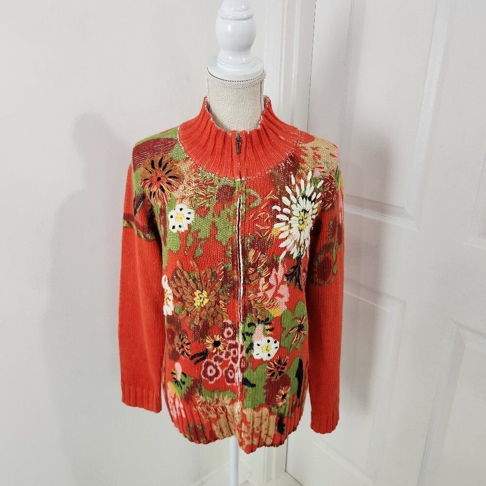 Womens Granny Sweater L Orange Floral Embroidered Afghan Art To Wear 70s Retro